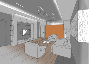 Заказать  on-line индивидуальный Блиц-дизайн-проект интерьеров жилого пространства в г. Хельсинки  . Гостиная 30,2 м2. Вид 1